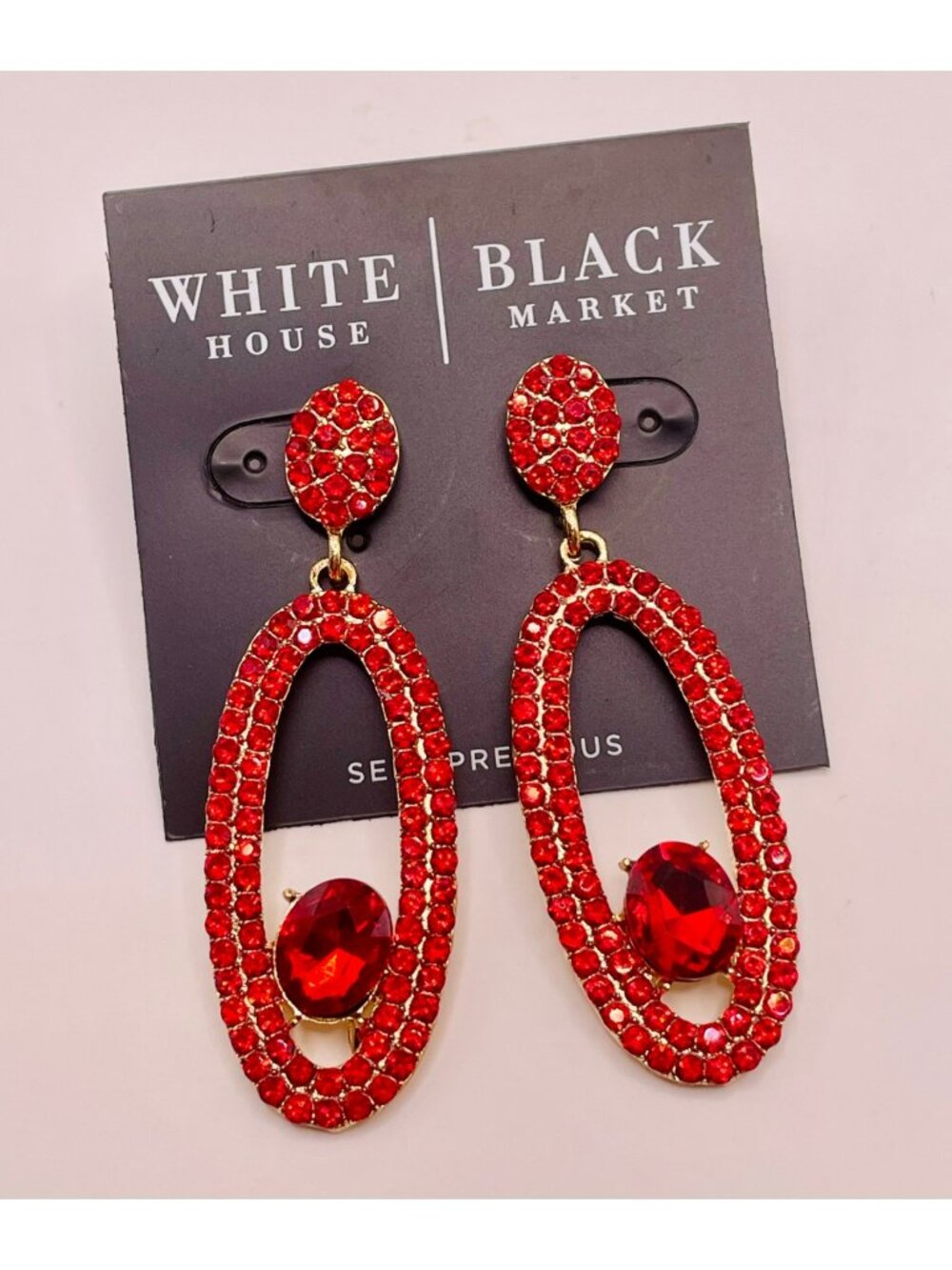 White House Black Market Red Rhinestone Oval Drop Earrings -73B